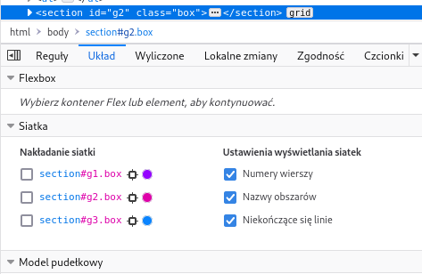 Narzędzia deweloperskie Przeglądarki internetowej - zakładka układu Grid Layout